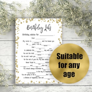 May include: A printable birthday card game with a gold glitter background. The card has the text "Birthday Libs" and instructions to fill in the blanks with words to create a personalized birthday message.