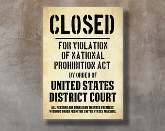 Closed for violation of national prohibition act, Retro sign, Gangster 20s sign decorations, Murder party decor, Speakeasy decorations