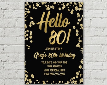 80th birthday invitation for a man, Digital invitation 80 years old, 80 male invite, Save the dates for 80th birthday party, Black and gold