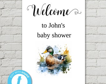 Cute Mallard Duck Baby Shower Welcome Sign Template, Hunting Duck Birthday Theme Editable Sign, Printable Instant Download Template