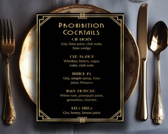 1920s cocktail party decor, Roaring 20s bar menu sign, art deco bar menu, prohibition menu, 1920s drink posters, harlem nights, speakeasy