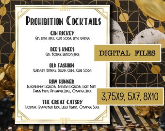 Great Gatsby Decorations Menu, 1920 decor menu template, Great Great party decor, Menu template, Gold and white, Digital