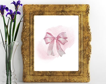 Pink Bows Coquette Wall Art Decor, Watercolor pink bow poster digital download 11x14 and 8x10