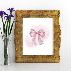 Pink Bows Coquette Wall Art Decor, Watercolor pink bow poster digital download 11x14 and 8x10 image 1