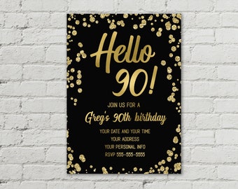 90th birthday invitation for a man, Digital invitation 90 years old, 90 male invite, Save the dates for 90th birthday party, Black and gold