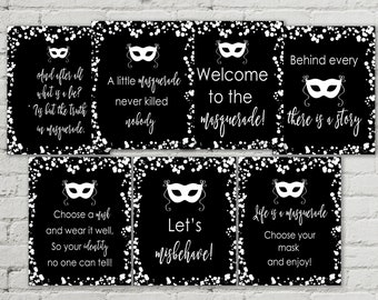 Black and white Masquerade signs bundle, Birthday masquerade signs set, Choose the mask, masquerade party welcome sign, Digital