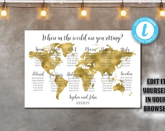 Where in the world are you sitting Seating Chart Template,  Wedding Gold World Map DIY Seating Chart,  Travel Theme Wedding Theme Poster