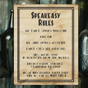 Op de afbeelding: Een vintage poster met de tekst "Speakeasy Rules" in een zwart kader. De poster somt regels op voor een speakeasy feest, waaronder "Alle dansstijlen welkom", "Zing mee, zelfs als je de woorden niet kent" en "Het belangrijkste is om hard te feesten alsof niemand kijkt".