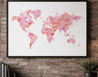 Pink Watercolor World Map Art, Travel Decor, Blush Coral Tones (Digital Download)