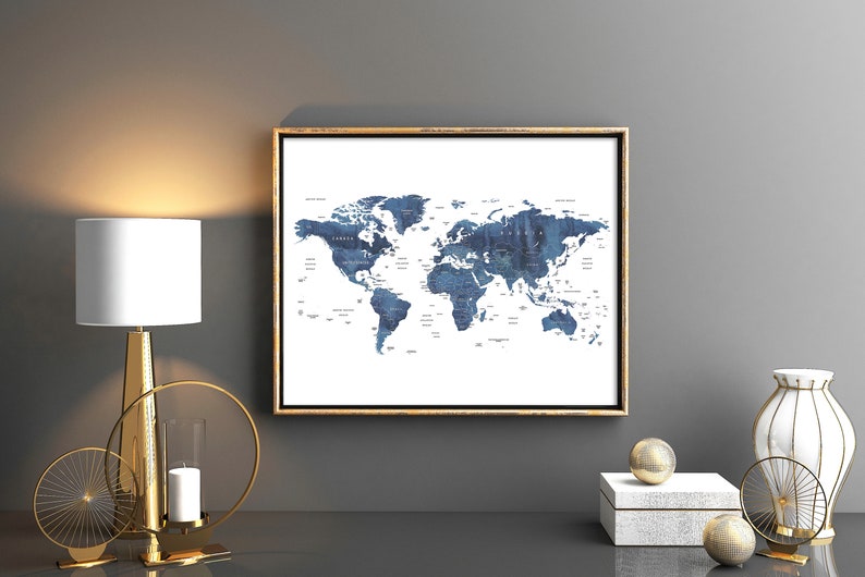 Map of the World, World map download, Navy Blue World map printable, Baby room blue map, Watercolor world map, world maps printables, image 1