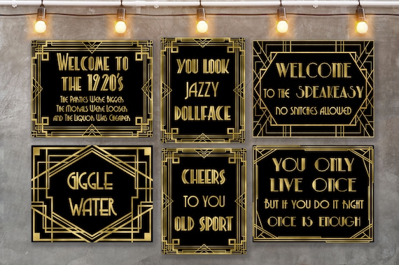 6 Great Gatsby Party Signs Bundle Roaring 20s Decorations Etsy