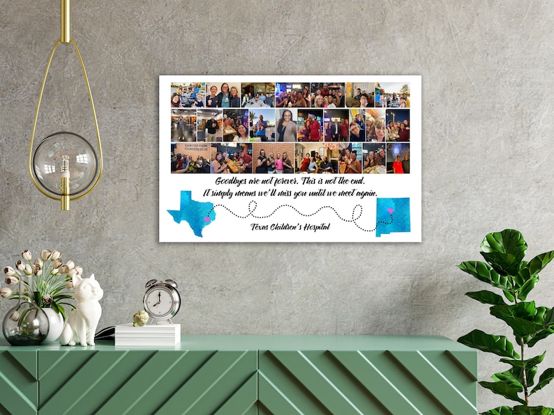 May include: A collage of photos of people, with a blue and white Texas outline and a blue and white New Mexico outline on the bottom. The text "Goodbyes are not forever. This is not the end. It simply means we'll miss you until we meet again. Texas Children's Hospital" is written below the photos.