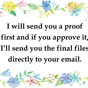 May include: A floral border surrounds a text message that reads: "I will send you a proof first and if you approve it, I'll send you the final files directly to your email."