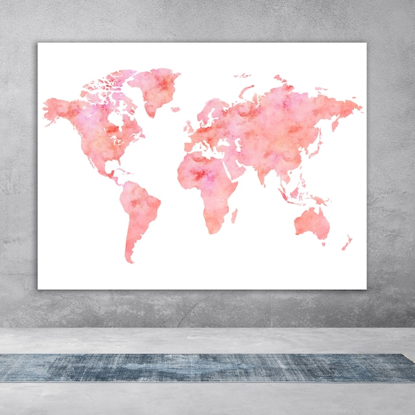 Pink world map, World map wall art pink, Printable pink world map, Pink world map file, Travel map map of the world, digital file