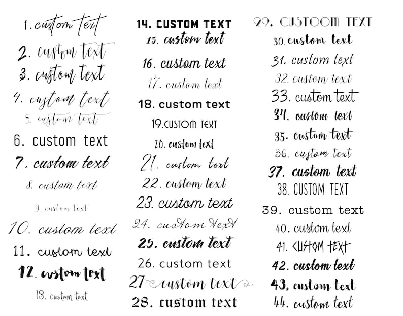 May include: A white background with black text listing numbers 1 through 44 with the text "custom text" next to each number. Some of the numbers are in bold and some of the text is in all caps.