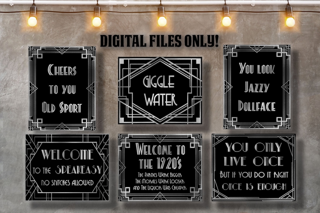 7 Prohibition signs bundle, New Year party decorations, Roaring 20s 7 signs  pack, Art deco party, Murder Mystery event download files