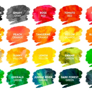 May include: A chart of watercolor swatches with color names and descriptions. The colors include monochrome gray, smart gray, rose red, tomato red, scarlet red, apple yellow red, peach orange, tangerine orange, yellow orange, buttercup yellow, savannah, sunny yellow, lemon yellow, swamp green, lime green, foliage green, emerald green, jungle river green, dark forest green, and fir green.