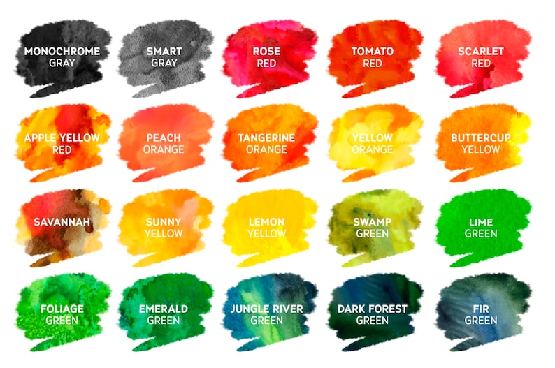 May include: A chart of watercolor swatches with color names and descriptions. The colors include monochrome gray, smart gray, rose red, tomato red, scarlet red, apple yellow red, peach orange, tangerine orange, yellow orange, buttercup yellow, savannah, sunny yellow, lemon yellow, swamp green, lime green, foliage green, emerald green, jungle river green, dark forest green, and fir green.