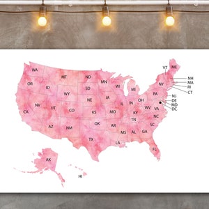 Carte des États-Unis rose, carte des États-Unis de tous les États, carte des États-Unis avec les noms des États, carte des États-Unis, affiche de la carte des États-Unis - Téléchargement numérique