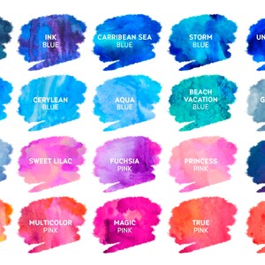 May include: A collection of 20 watercolor swatches with names and color descriptions. The swatches are arranged in four rows of five. The colors include blues, pinks, purples, and a yellow.
