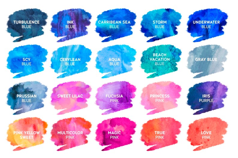 May include: A collection of 20 watercolor swatches with names and color descriptions. The swatches are arranged in four rows of five. The colors include blues, pinks, purples, and a yellow.
