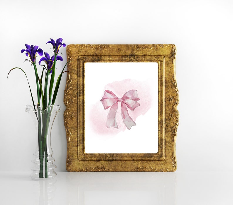 Pink Bows Coquette Wall Art Decor, Watercolor pink bow poster digital download 11x14 and 8x10 image 1