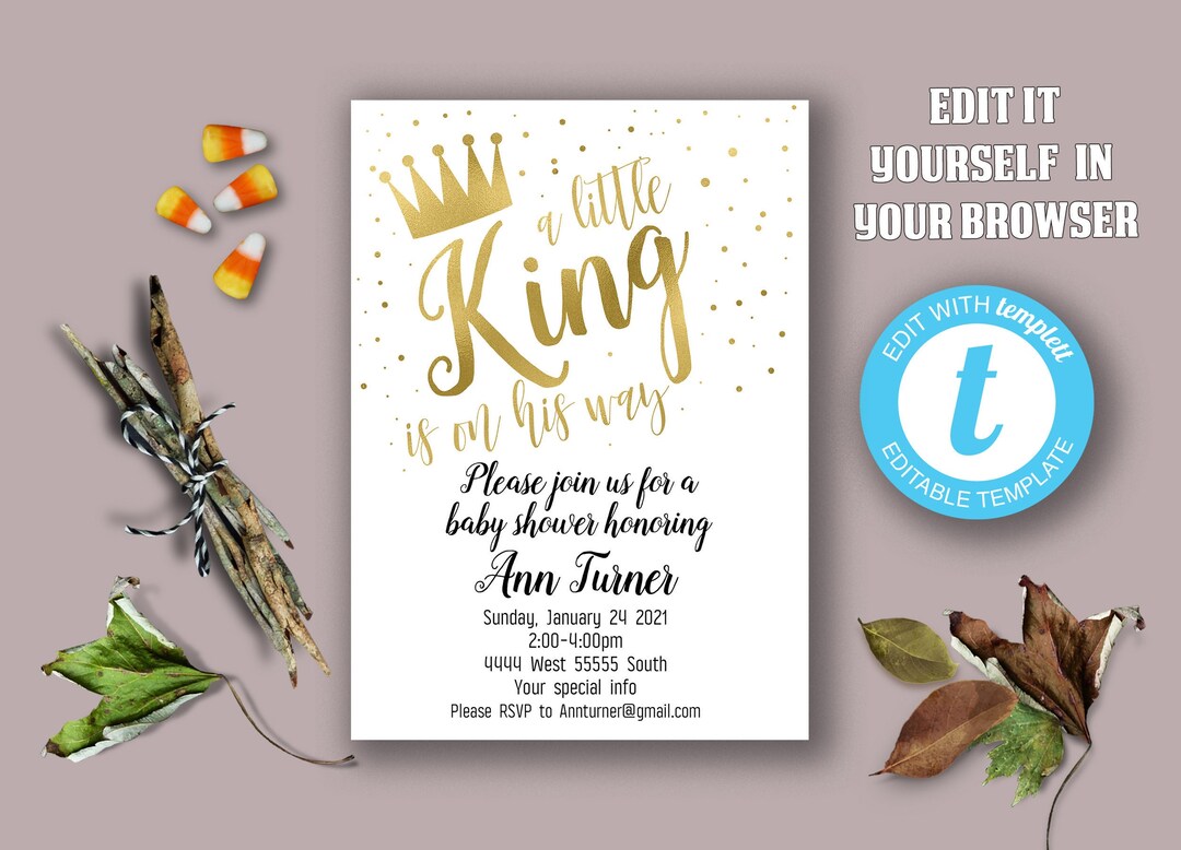 Editable Royalty Invitation, Royal Theme Baby Shower Invitations, Gold ...