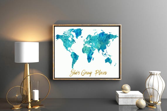 Watercolor World Map Girl Nursery Decor: Teal Blue, Pink, Gold