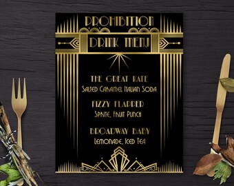 Art Deco Drink Menu: Roaring 20s Black & Gold (Digital File)