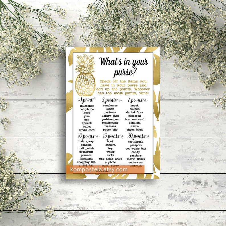 Pineapple bridal shower sport Whats Within Your Purse Summertime topic Hawaii get together activity printable Gold Luau recreation Printable Aloha topic brsg03 picture relating to Printable Luau Party Games named Pineapple bridal shower sport Whats In just Your Purse Summer season concept Hawaii get together activity printable Gold Luau sport Printable Aloha topic brsg03