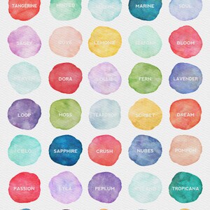 May include: A chart of 60 watercolor swatches with names like "Tangerine", "Passion", "Azure", and "Ruby". The chart is labeled "Click to see all watercolor styles".