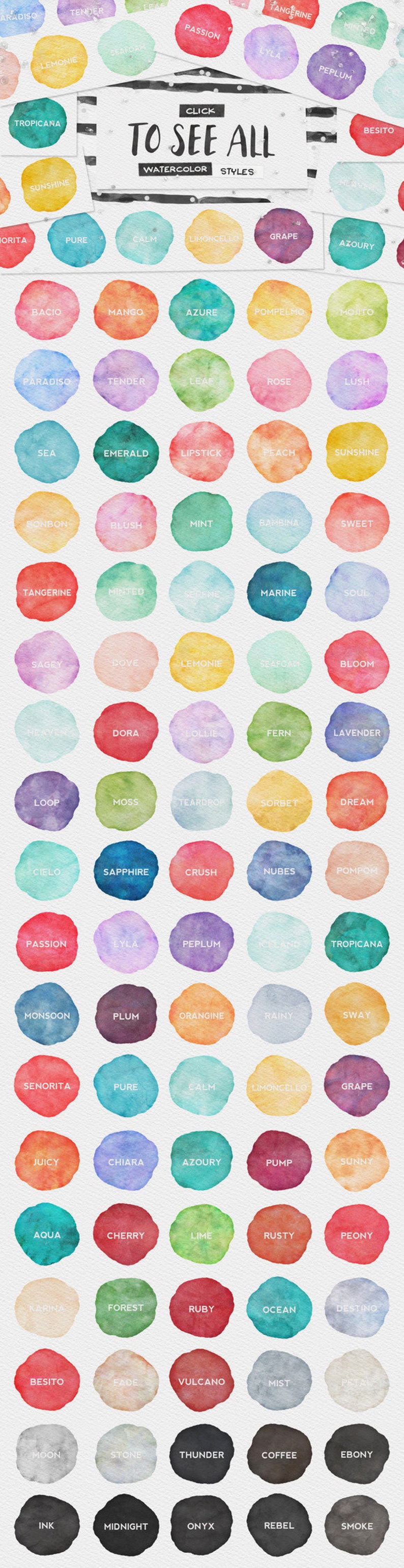 May include: A chart of 60 watercolor swatches with names like "Tangerine", "Passion", "Azure", and "Ruby". The chart is labeled "Click to see all watercolor styles".