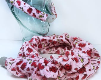 Hearts and Roses, CPAP Hose or Cheek Strap Cover, Insulating Tubing Sleeve, Wrap Pads, Headgear Cushion, Face Mask Liner, Valentine Flannel