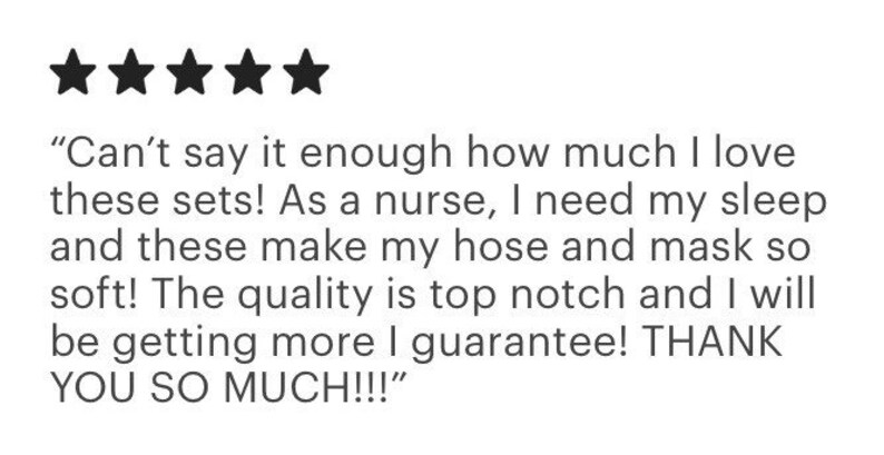 May include: Image features a five-star rating above a customer review. The review text praises the product sets, highlighting their softness and quality. The reviewer, a nurse, emphasizes the importance of sleep and satisfaction.