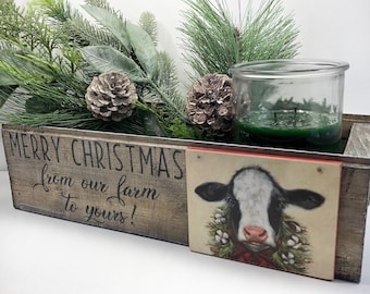 Cow, Wood Farmhouse Crate, Neighbor, Teacher Gift, Mason Jar Box, Christmas Card Mail Holder, Vintage Holiday, From Our Farm To Yours