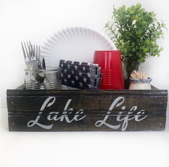 Lake Life, Farmhouse Style Utensil Caddy, RV, Camper, Kitchen, Paper Plate  Napkin Holder, Mason Jar Crate, Rustic Wood Box, Barn, Stained/w 