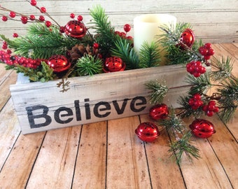 Believe, Wood Card Holder Box, Farmhouse Christmas Decor, Holiday Table Centerpiece, Mason Jar Crate, Organization, Neighbor Gift, Prim
