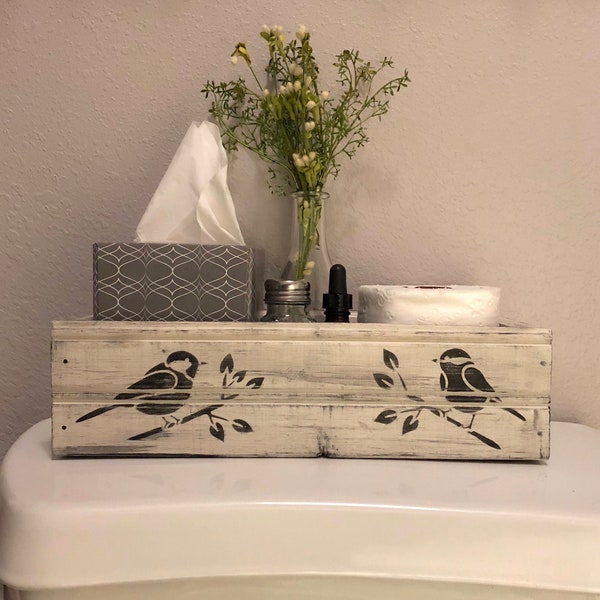 Farmhouse Style Bathroom, Back of Stool Toilet Paper Storage Box, Mason Jar Crate, Rustic Wood Box, White, Black Birds