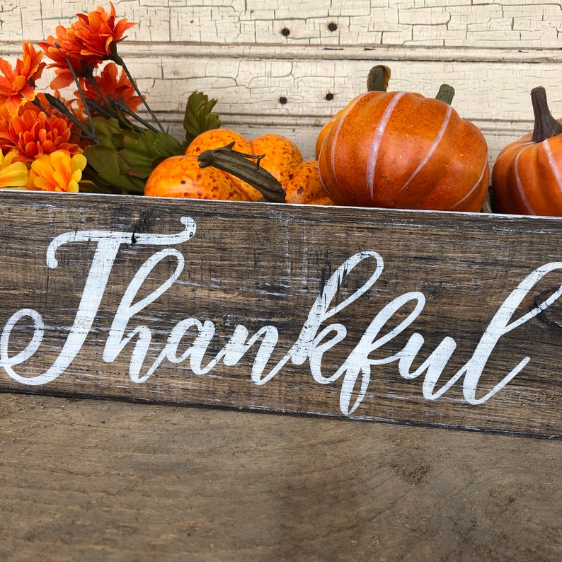 May include: A rustic wooden sign with the word "Thankful" painted in white. The sign is decorated with orange and brown fall-themed pumpkins.