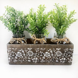 May include: Three glass jars with green leafy plants are arranged in a wooden planter box with a white floral design. The jars are tied with twine.