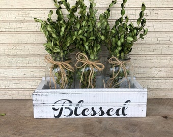 Blessed, Farmhouse Kitchen Decor, Organization Crate, Table Centerpiece, Mason Jar Crate, Rustic Wood Box, French Country, Distressed W/B