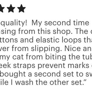 May include: A customer review with a five-star rating. The text praises the quality of a product purchased from the shop, mentioning buttons, elastic loops, and the product's softness. It also mentions the product's function in preventing a cat from biting a tube and preventing marks on the face.