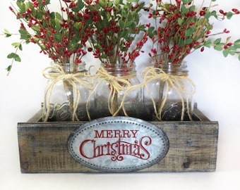 Wooden Christmas Card Holder Box, Farmhouse Holiday Table Centerpiece, Merry Mail, Mason Jar Crate, Vintage Metal Sign, Gift Basket
