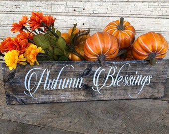 Fall Farmhouse Style Bin Basket, Table Centerpiece, Mason Jar Crate, Rustic Wood Box, Porch Decor, Harvest Decorating, Autumn Blessings