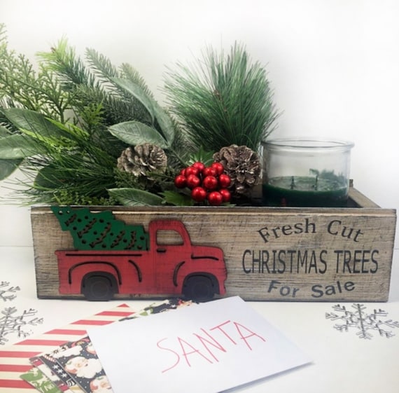 Vintage Red Truck Christmas Card Mail Holder, Farmhouse Holiday Mason Jar Crate, Merry Christmas Box, Wood Distressed Bin Basket Tray