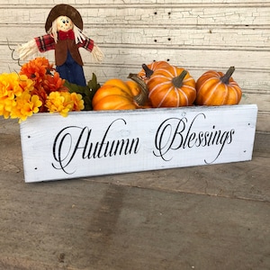 Fall Farmhouse Crate Porch Decor Table Centerpiece, Mason Jar Box, Rustic Wood Tray Bin, Paper Plate Utensil Caddy, Autumn Blessings