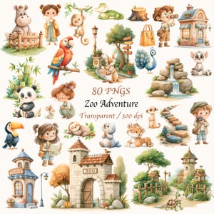 Watercolor Zoo Animals Clipart Set, Kids Adventure Scenes, Frames (Digital Download)
