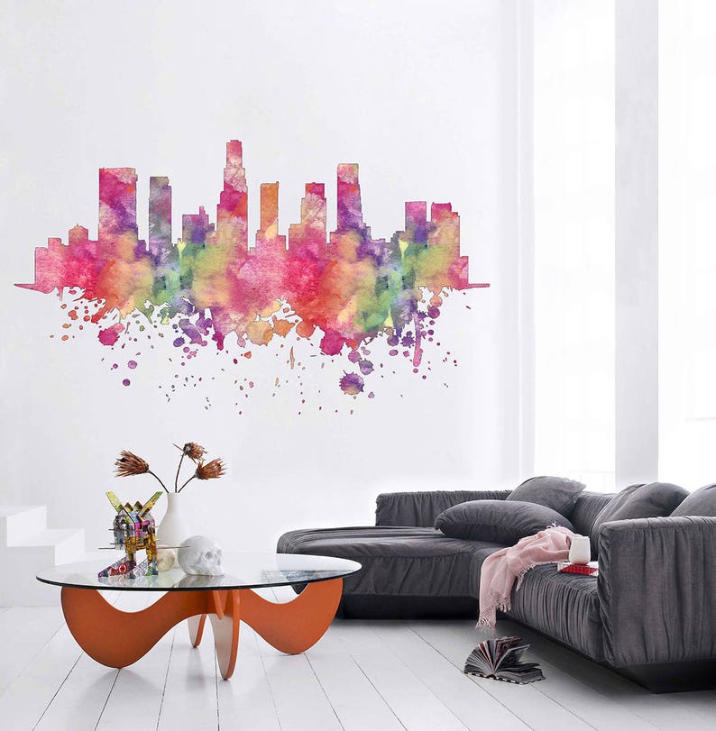 kcik1885 Full Color Wall decal Watercolor Los Angeles city skyline living room bedroom