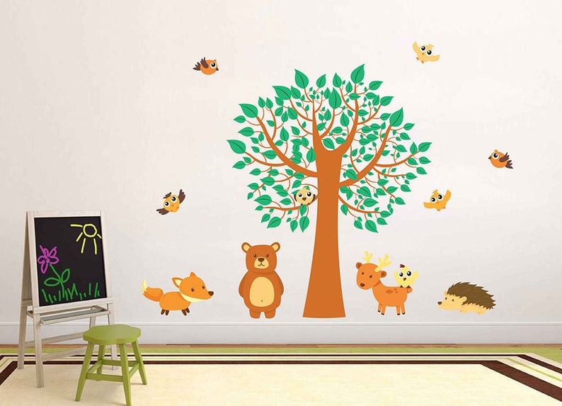 woodland animals Wall Decals deer wall decals trees wall decals Birds wall decals Woodland wall decals for Nursery kids kcik1768