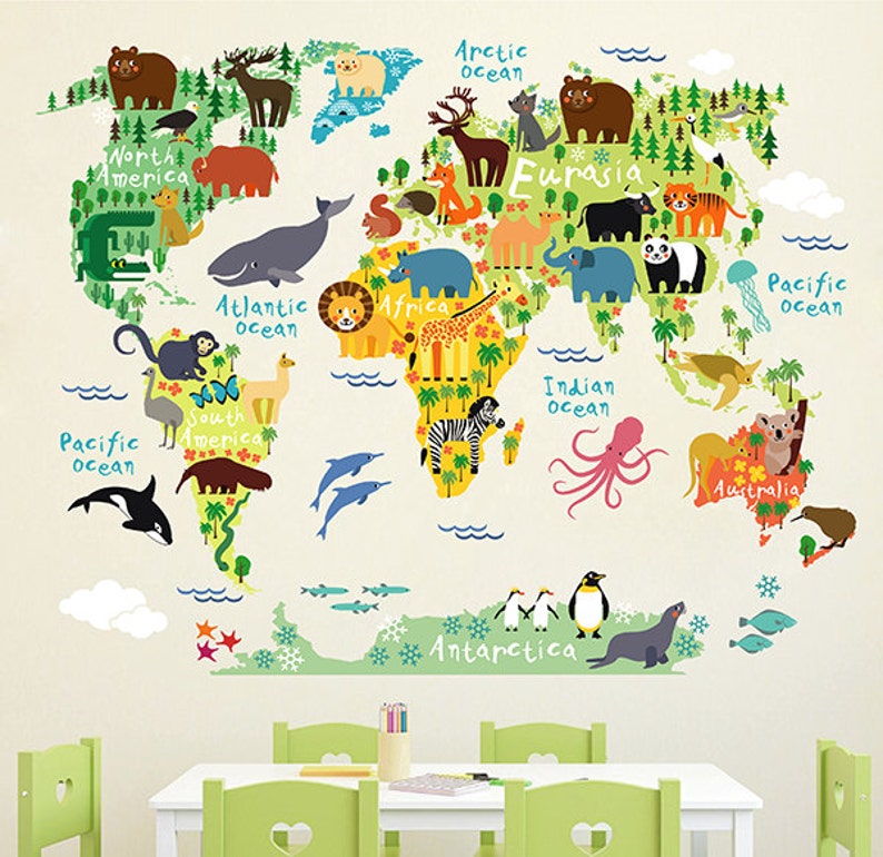children's animals world map wall decal map wall stickers | etsy